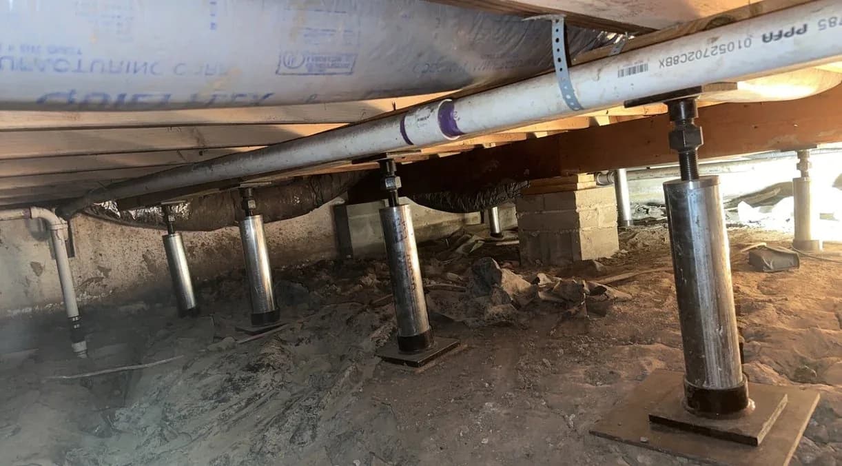 Adjustable steel screw jacks supporting floor beams in a crawl space